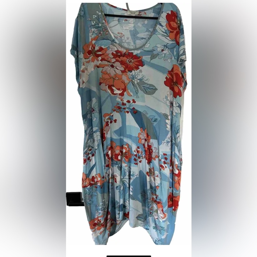 ORIENTIQUE Australia Blue Floral Lagenlook Dress 2X Plus Size B54